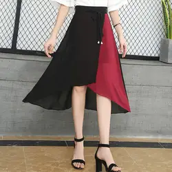 2019 Высокая Талия Для женщин длинные шифоновые юбки Повседневное Для женщин Лоскутная юбка черный, красный летняя юбка макси в стиле бохо