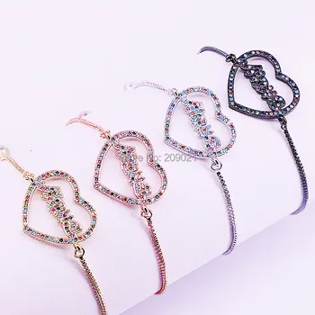 

10Pcs Rainbow CZ Micro Pave Heart Connector Bracelet, Cubic Zirconia Micro Paved Mama Letters Bracelets mothers days gift