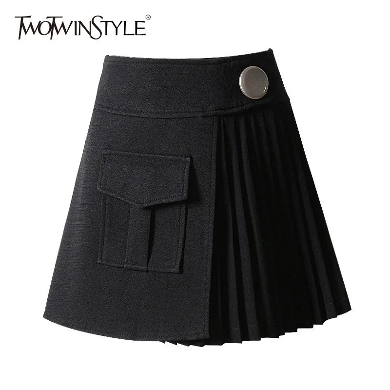 

TWOTWINSTYLE Patchwork Pleated Skirts For Women Button High Waist Short Women's Skirt 2019 Summer Elegant Fashion New