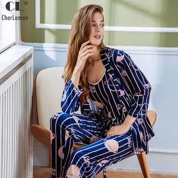 

CherLemon 3 Pieces Sexy Pajamas Women Autumn Winter Velvet Nightwear Ladies Planet Striped Sleepwear Camisole+Robe+Pants Sets