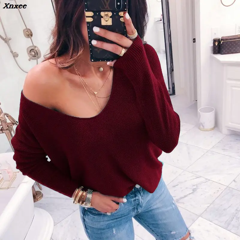 2019 Sexy V-neck Off Shoulder Sweater Women Casual Long Sleeve Solid Pullovers Female Spring Autumn Sweetwear Knitted Tops Xnxee
