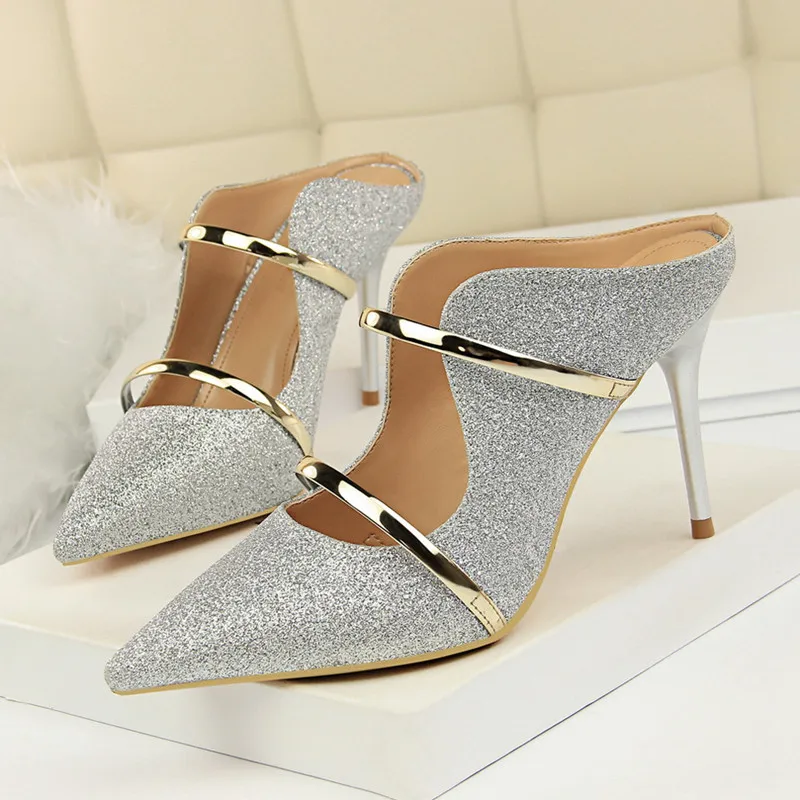 

New Summer Shoes For Woman Sequin Cloth Extreme High Heels 9cm Sexy Slippers Closed Pointed Toe Plus Size Women Slides DS-B0247