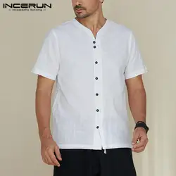 Повседневное брендовая рубашка Для мужчин с v-образным вырезом хлопок Кнопка однотонные дышащие топы уличный с короткими рукавами рубашки