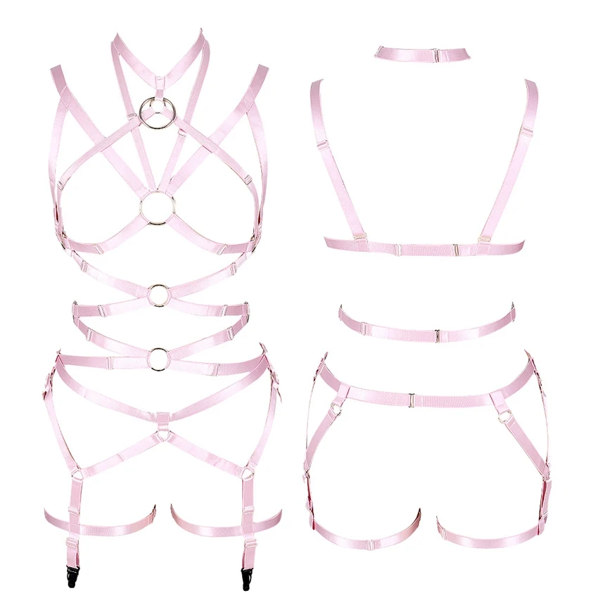 

Pink Body Harness Bra Women Strappy O-ring Tops Hollow Out Sexy Lingerie Set Plus Size Elastic Adjust Punk Goth Club Dance Rave