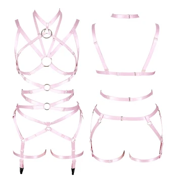 

Pink Body Harness Bra Women Strappy O-ring Tops Hollow Out Sexy Lingerie Set Plus Size Elastic Adjust Punk Goth Club Dance Rave