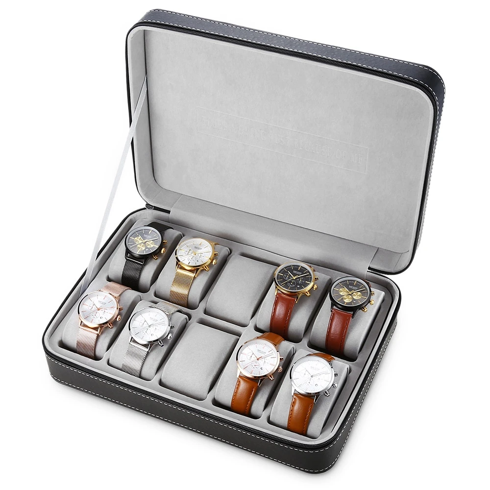

10 Grids PU Leather Travel Watch Storage Case Zipper Wristwatch Box Organizer