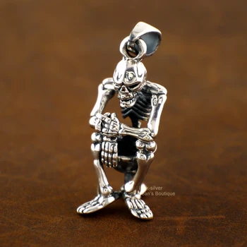 

925 Solid Sterling Silver Fashion Jewelry Thinker Smoking Skull Skeleton Charm Pendant Biker Men A2615