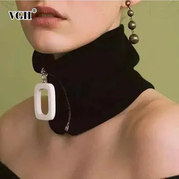 

VGH Autumn Winter Women's Scarves Female Black Knitted Zipper Warm Wool Scarf For Women Fashion Accessories New