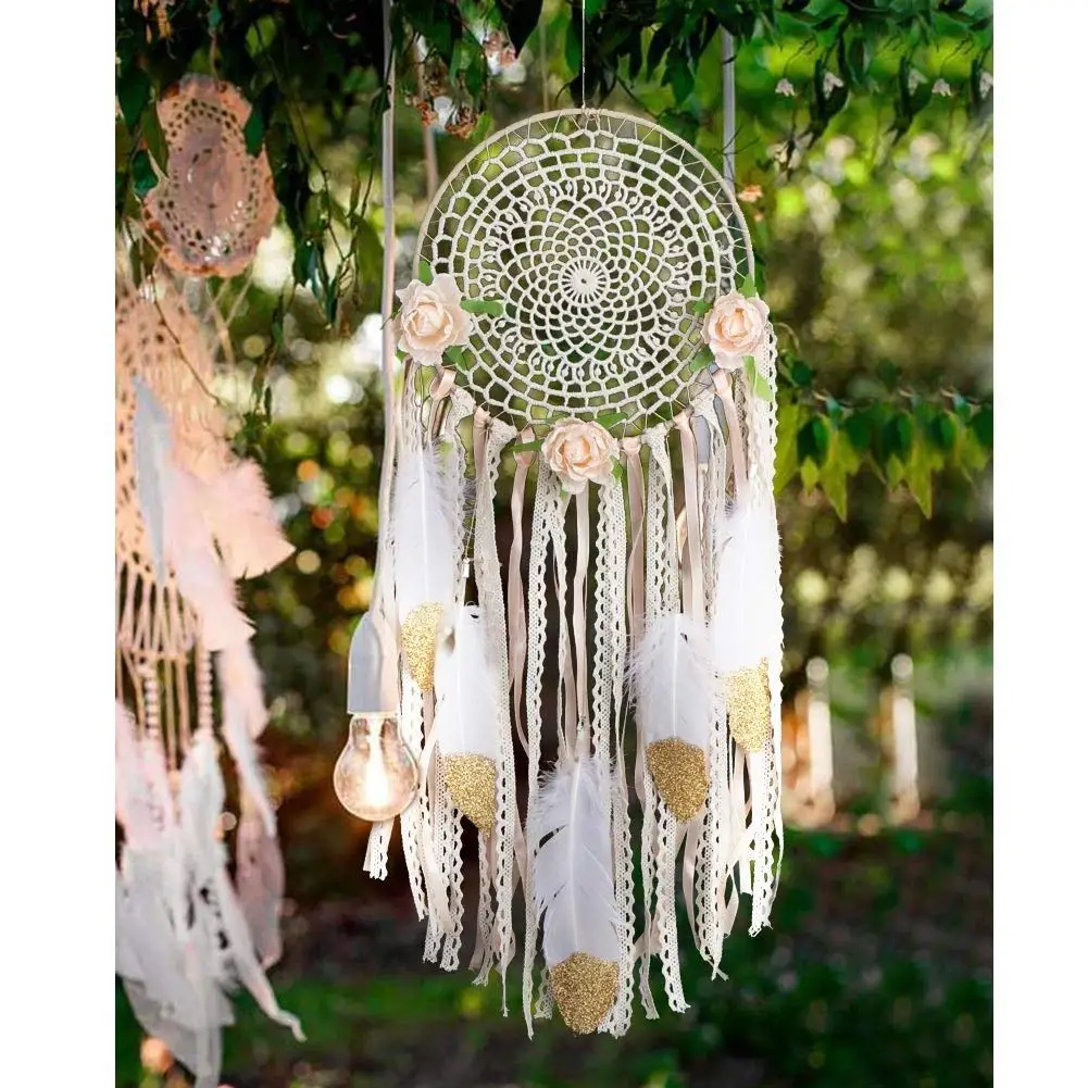

Boho Dream Catchers Handmade White Gold Feather Dreamcaters With Flowers For Wall Hanging Decoration, Wedding Decoration Craft