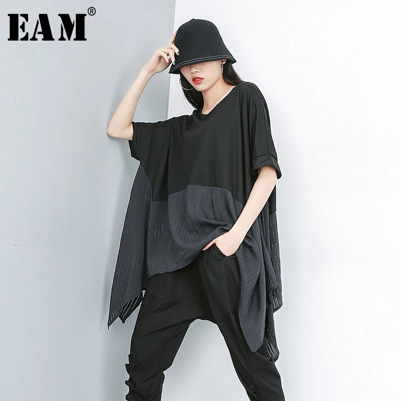 

[EAM] 2019 New Spring Summer Round Neck Half Sleeve Back Hit Color Oversize Irreuglar Big Size T-shirt Women Fashion JS953