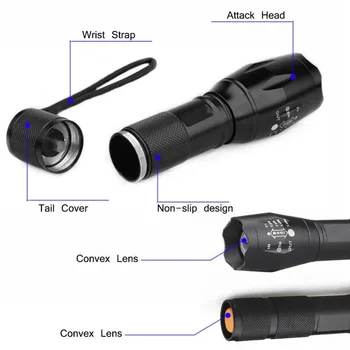 

T6 LED Flashlight 15000lumen Zoomable Led Torch for 18650 Black Waterproof Linterna Led Flashlights for Camping Hhiking