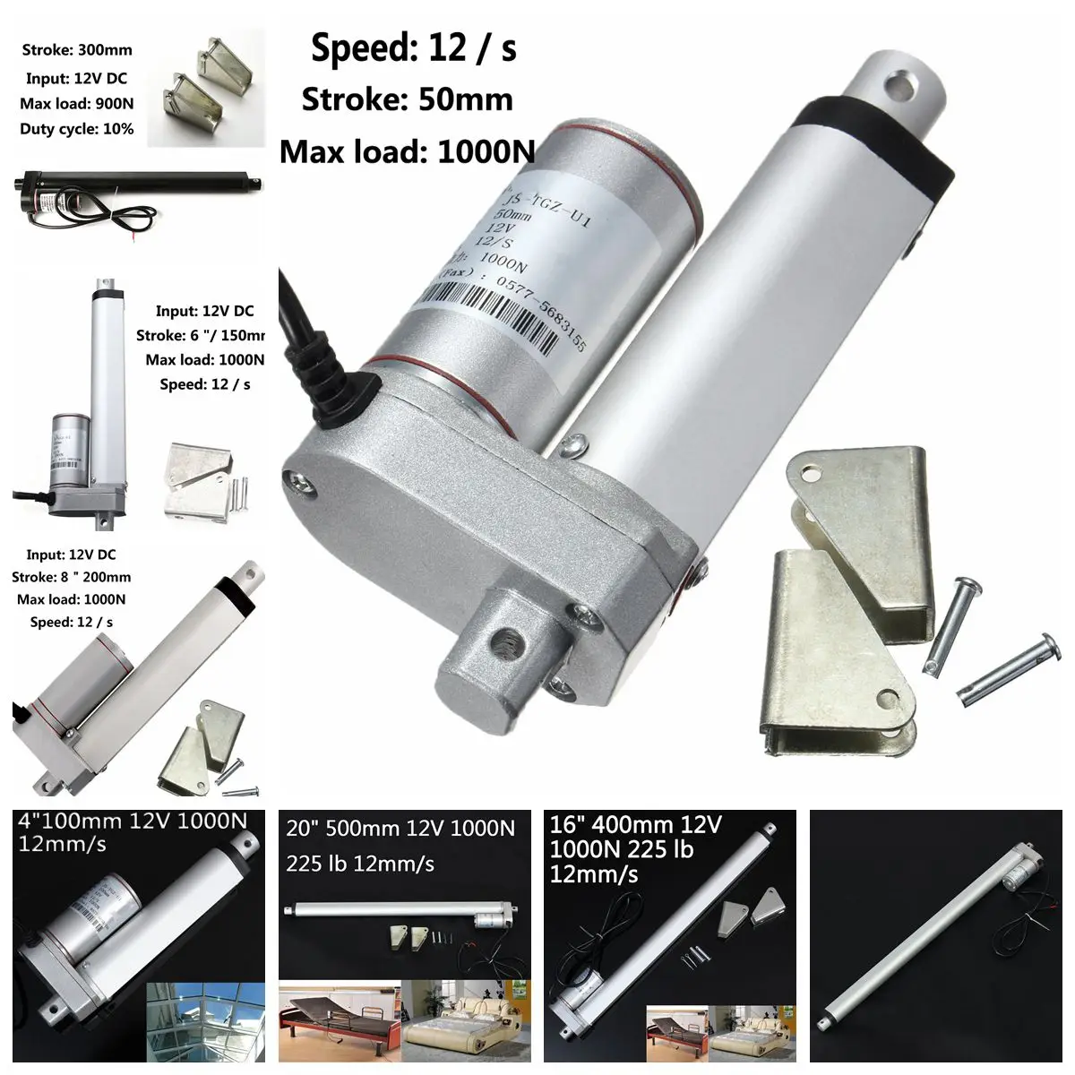 

DC 12V Electric Linear Actuator 1000N 50-500mm Stroke Linear Motor Controller 2"/4"/6"/8"/16"/20" 12mm/s Electric Bracket