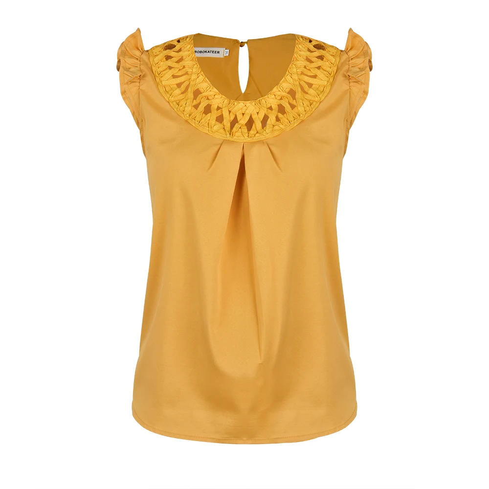 

Women Tank Tops 2019 Summer Flying Sleeve Hollow Out Crow Top Yellow Blouse Female Solid Fashion Casual Loose Tanks Camisa D30