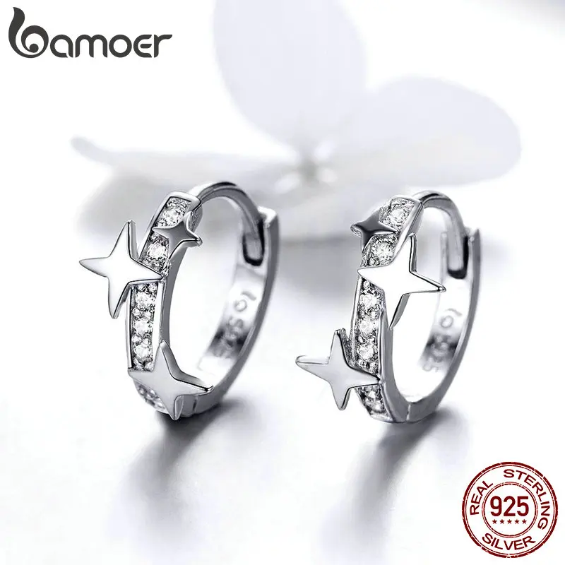 BAMOER, маленькие серьги-кольца, 925 пробы, серебро, прозрачный CZ, Вселенная Галактика, крошечные серьги для девочек, подарки, антиаллергенное ювелирное изделие BSE076
