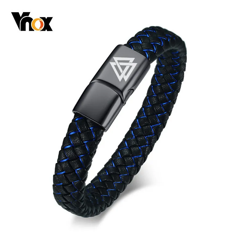 

Vnox Men's Real Leather Bracelet Personalize Free Engraving Viking Logo Name Stainless Steel ID Clasp pulseira masculina 8.07