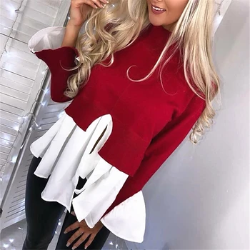 

Women Autumn Casual Blouse Long Sleeve Patchwork Irregular Hem Blouses Stitching Round Neck Shirts Female Vogue Tops femme shirt
