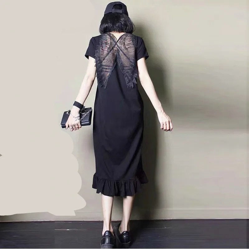 

2019 Summer Back Hook Flower Butterfly Lace Ruffles Pendulum Loose Casual Woman T Shirt Irregular Sexy Dress Dresses 5XL Z282