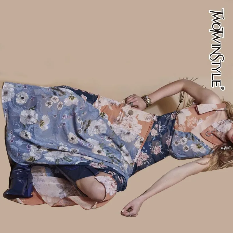 

TWOTWINSTYLE Irregular Floral Print Women Dress High Waist Off Shoulder Sleeveless Mid Female Dresses Spring 2019 Elegant New