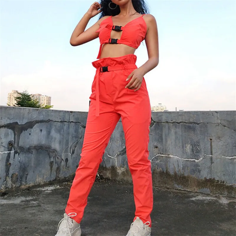 

2 Piece Summer Clothes For Women Outfits Sleeveless Crop Top High Waist Long Pants Set Casual Elegant Woman Orange Clothing Sets
