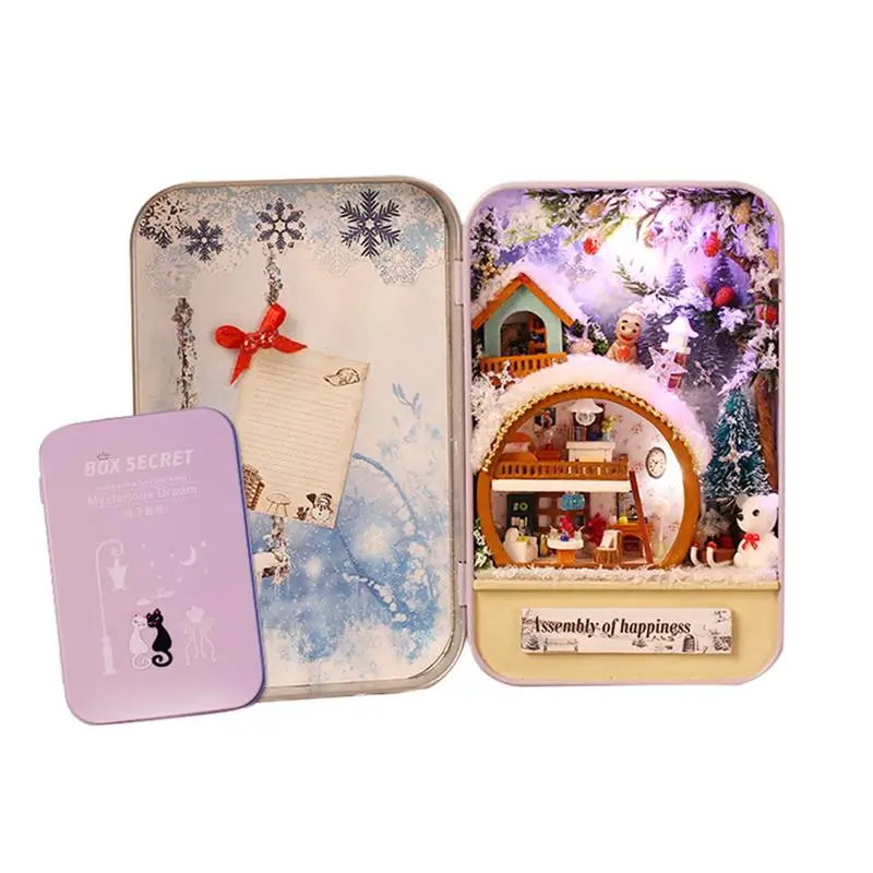 

Miniature Dollhouse Tin Box 3D Handmade Puzzle Dollhouse Kit with Furnitures Educational Toy for Kids Christmas Gift