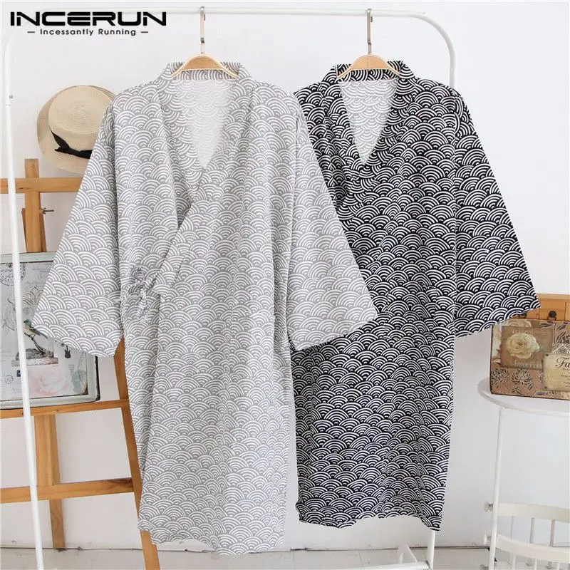 

Fashion Men Robes Print Japanese Style Kimono Sleepwear Short Sleeve Comfortable Loose Soft Men Bathrobes Homewear S-5XL INCERUN