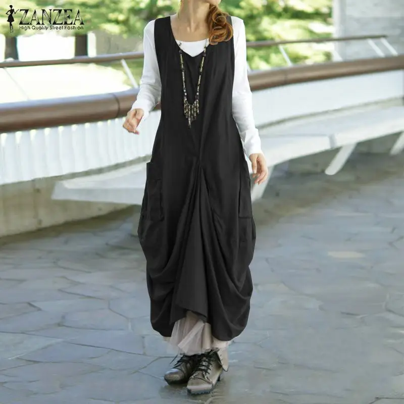 

ZANZEA Women Dress 2019 Summer Ladies Sleevless Backless Irregular Vestidos Casual Loose Solid Sundress Baggy Long Robe Femme