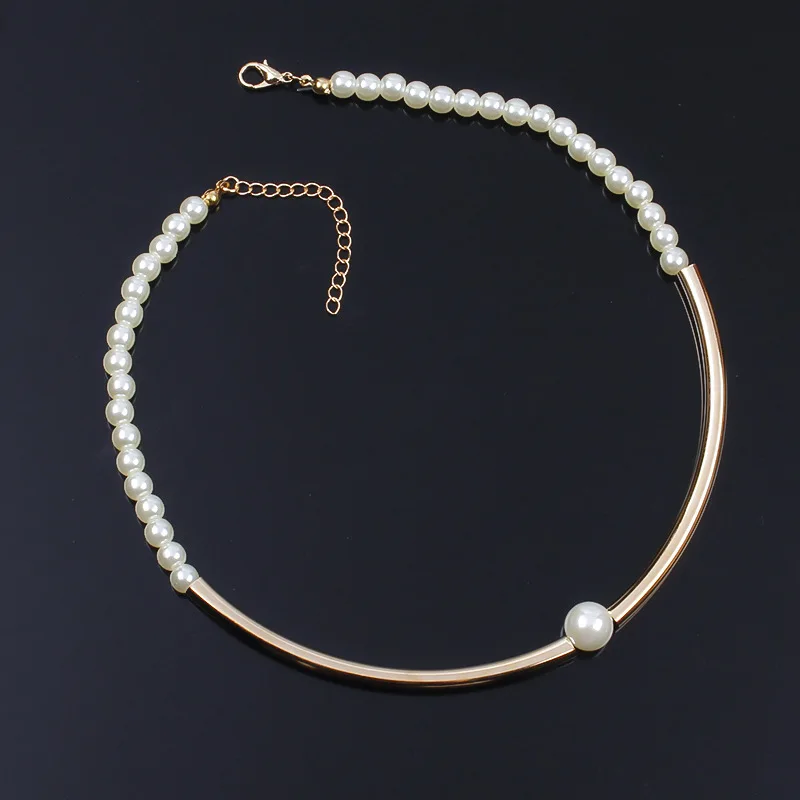 

Fashion Copper Tube Gold Choker Necklace Women Exquisite Party Pearl Chain Charm Statement Necklaces Jewelry