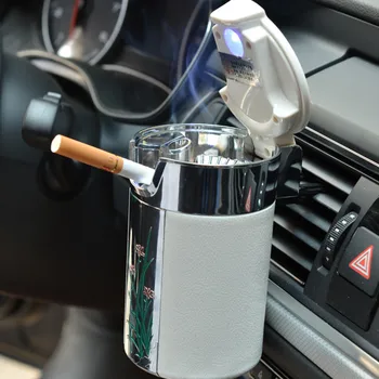 

Car Portable Cigar Cigarette Ashtray Smokeless Carbon Fiber Car Ashtray With Led Light