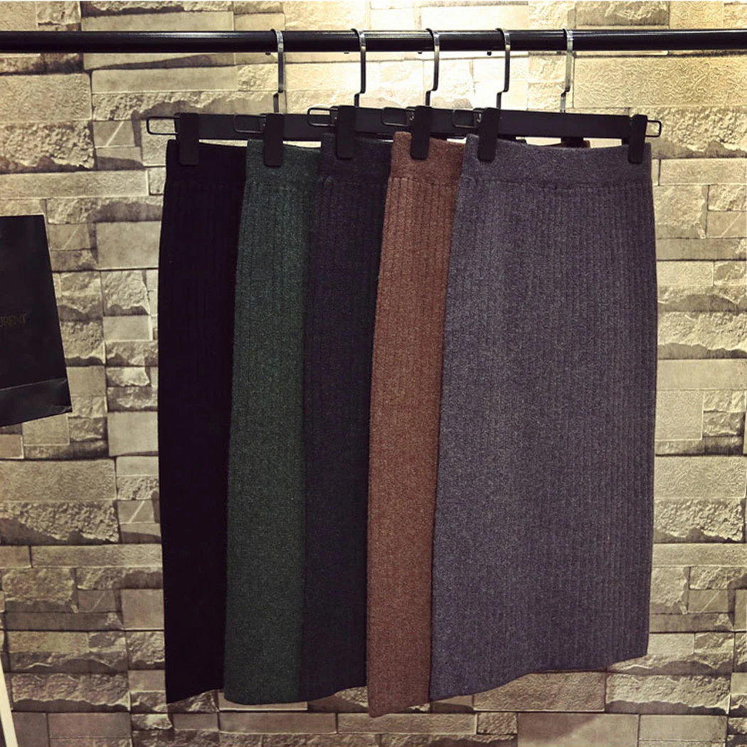 

Plus Size Elegant Ladies Office Elastic Waist Split Midi Skirts Women Vintage Long Wool Knitted Skirt Chic Pencil Skirts Femme