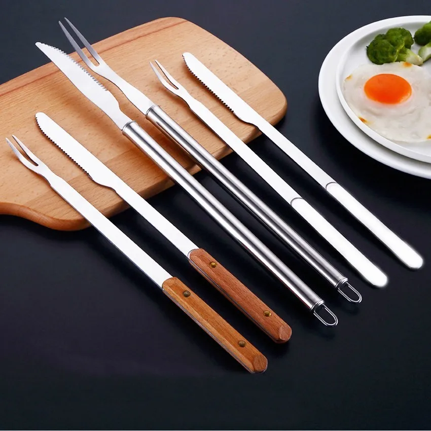 

2pcs Long Handle Stainless Steel Barbecue Knife And Fork Set Grilled Whole Lamb Cutlet Tools Outdoor Cooking Tools