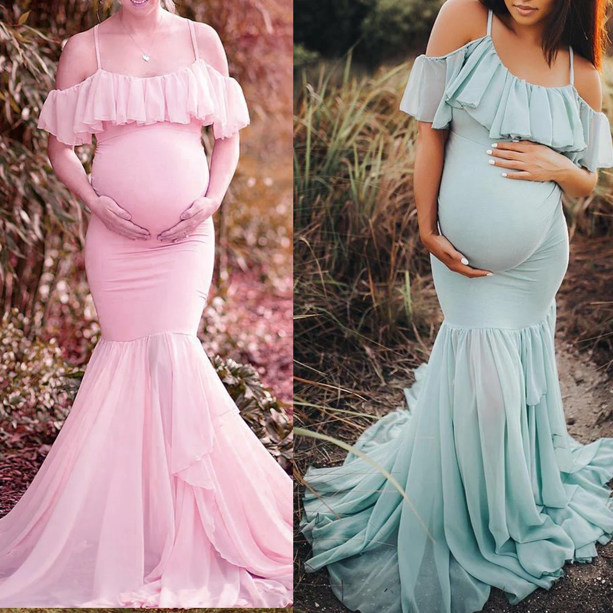 

Sling Lotus Leaf Fishtail Pregnant Women Pregnant Dress Mother Clothes Lace Long Dress Maternity Dress 5 Colors