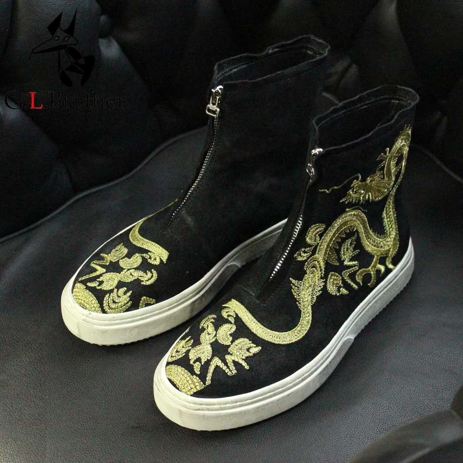 

Leisure Style Dragon Print Embroidered Suede Leather Short Boots Black Round Toe Short Ankle Booties Vintage Totem Boots