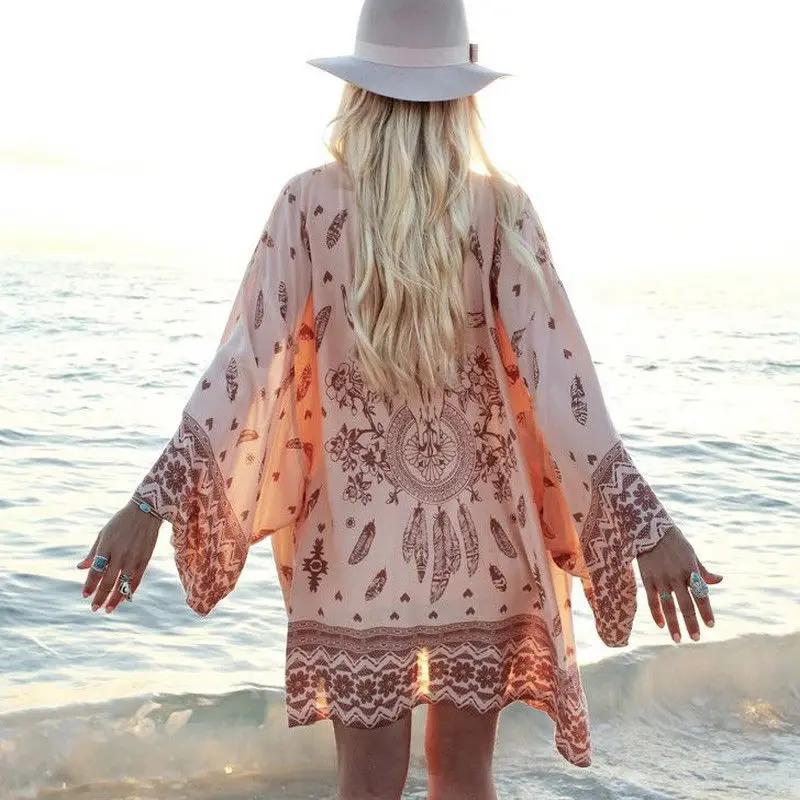 

2019 Swimsuit Cover up Summer Chiffon Geometrical Printing Bathing suit Cover up Tuniques Pour Plage Women Beach Dress Cover up