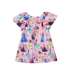 Младенческой Одежда для детей; малышей; девочек летние розовые Desses милый мультфильм принцесса с рисунком и бантом праздничное платье с