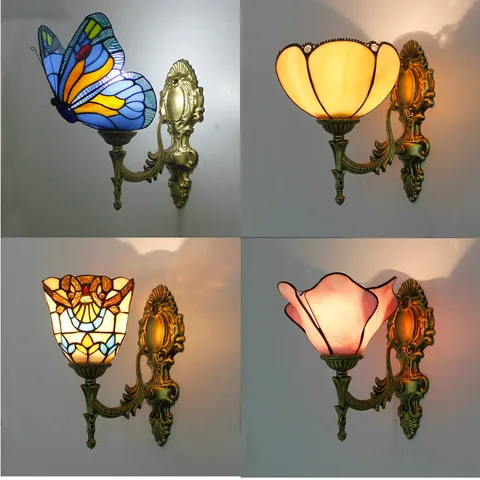 Europeu para Cima para Baixo Luzes de Parede para o Quarto Conduziu a Lâmpada Artpad Retro Vitrais Borboleta Cabeceira Corredor Frente Espelho E27 Turca