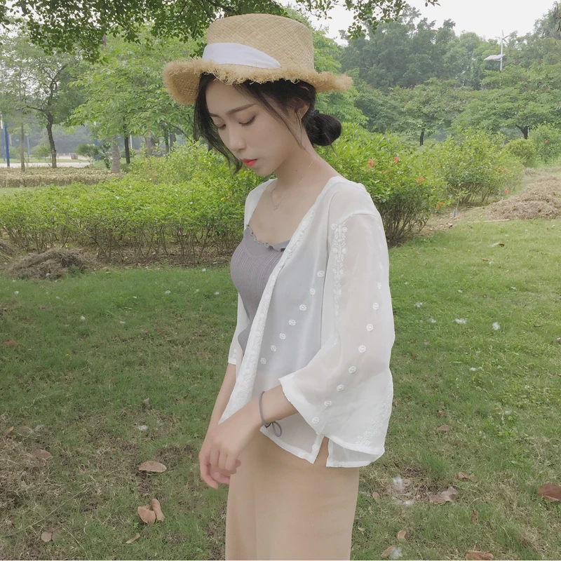 2018 Summer Women's Coat Long Sleeve Thin Plus Size Loose Sun Protection Clothing Perspective Cardigan Jacket Student Top |