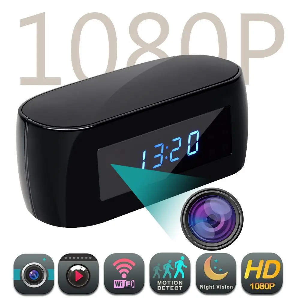 

Digital Clock 1080P HD Mini Camera Wireless WIFI Control Concealed IR Night View Alarm Camcorder Video Camera