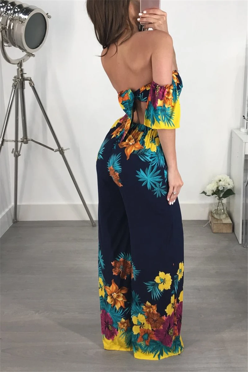 Women Off Shoulder Clubwear Playsuit Casual Short Sleeve Party Romper Summer Fashion Bandage Wide Leg Elegant Bodycon Jumpsuit