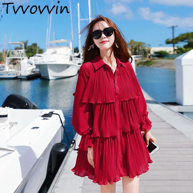 

TVVOVVIN Korean 2019 Lantern Sleeve Cascading Ruffle Women Chiffon Dress Spring Summer Above Knee Loose Clothes L846