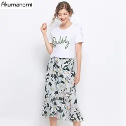 Комплект из 2 предметов, белая хлопковая короткая футболка с буквенным принтом и круглым вырезом, юбка с цветочным принтом, летний комплект