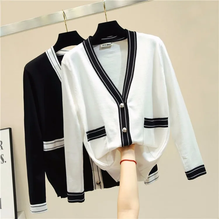 ^*Best Offers Patchwork V-neck Ice silk thin knitted cardigan women 2019 summer new arrivals elegant outerwear 2colors ^*Best Offers Patchwork V-neck Ice silk thin knitted cardigan women 2019 summer new arrivals elegant outerwear 2colors