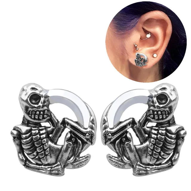 1Pair Styled Skull Ear Plugs and Tunnels 6/8/10/12/14/16mm Steel Ear