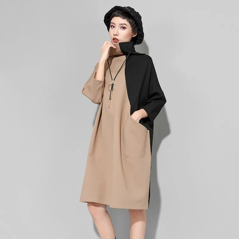 CHICEVER 2020 Autumn Winter Hit Colors Dresses For Women Turtleneck Wrist Sleeve Loose Women's Dress Female Casual Clothes New