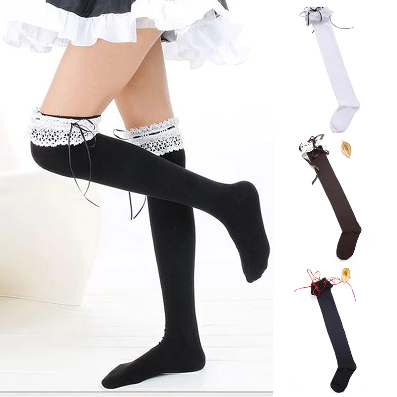 

Girls Lace Bow Kawaii Lolita Pantyhose Thigh High Stockings For Women Boot Socks Cotton Over Knee Sock 4 Colors Cheap Wholesale
