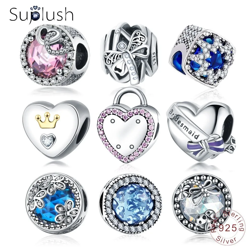 Suplush Новый S925 стерлингового серебра с голубым камнем амулеты шариками подходят к