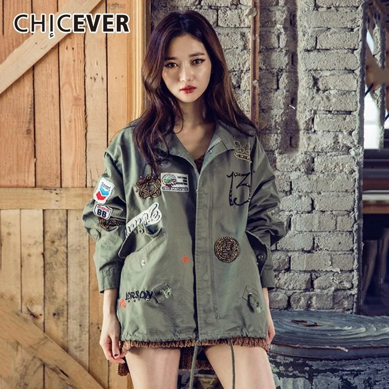 

CHICEVER Print Embroidery Trench Coat For Women's Windbreaker Lapel Long Sleeve Rivet Loose Trench Female Korean Fashion Tide