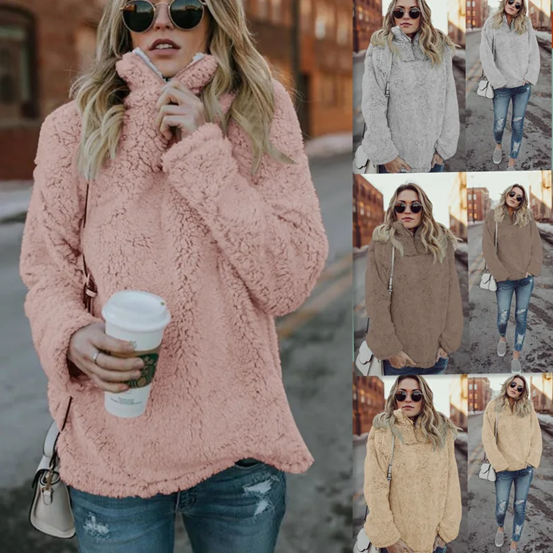 

2019 Autumn And Winter Women's Zipper High Collar Sweatshirt Warm Pullover Plush Pocket Hooded Ladies Comfortable Casual Top