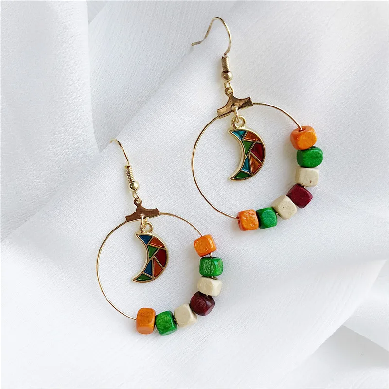 

Korean Earrings Wood Colorful Moon Geometry Circle Earrings Japanese Retro Earrings Ladies Fashion