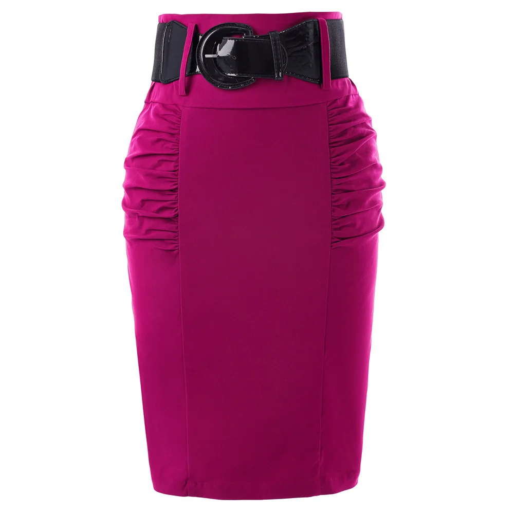 

KK Women Shirred Detail ladies skirts pure color pleated design elegant High Stretch knee Pencil Skirt with Wide Belt falda
