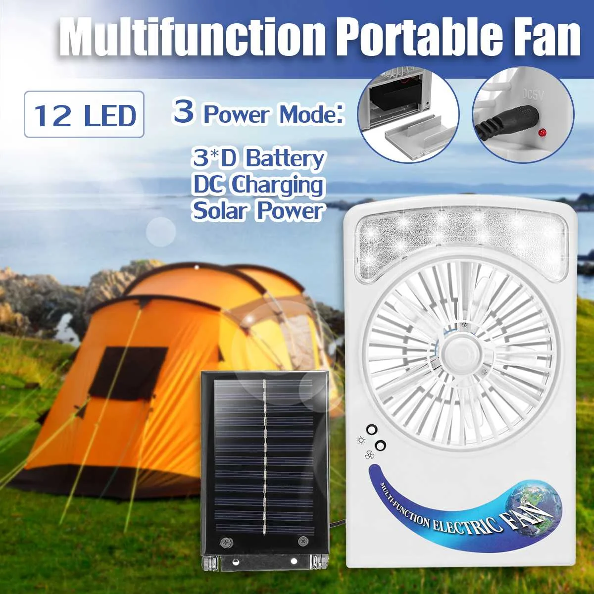 

Solar Power/AC Rechargeable Lighting Fan 2 in 1 System 6V 1.2W Solar Panel 12 LED Light Strong Wind Fan For Outdoor Camping